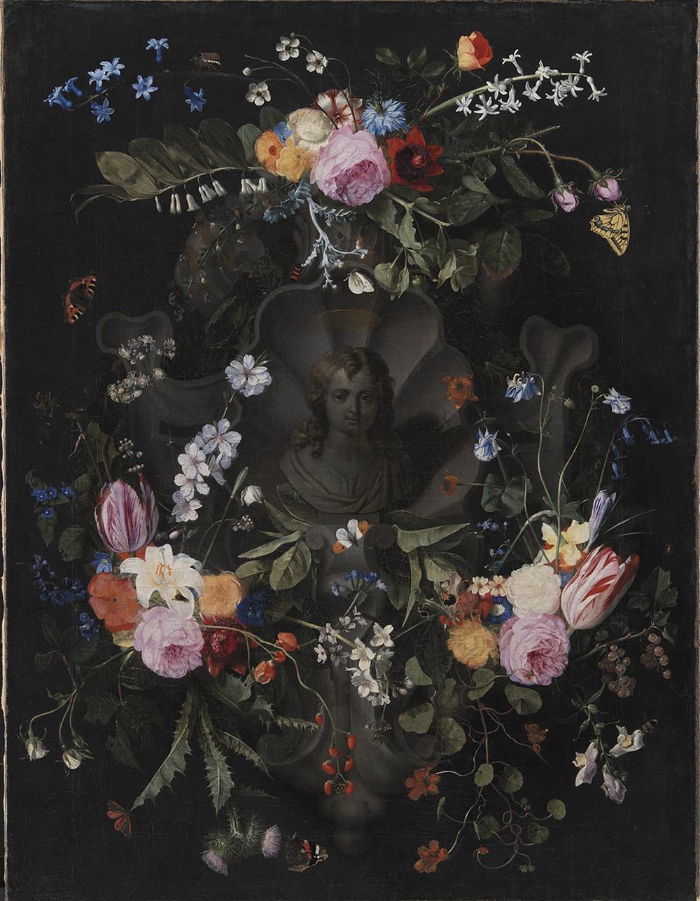 Cartouche with Bust of Christ Surrounded by a Garland of Flowers, Andries Bosman