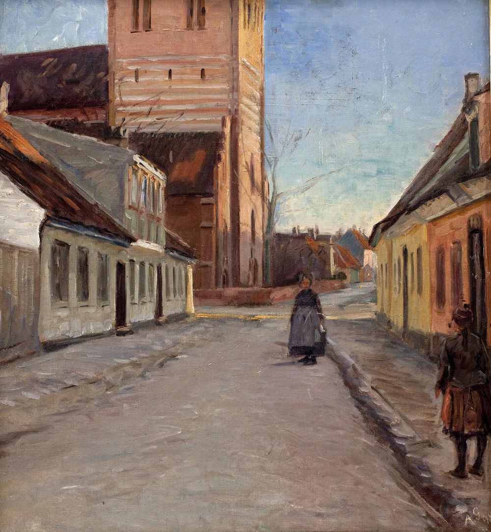 Street in Køge with Nicolai church on the left by Albert Gottschalk