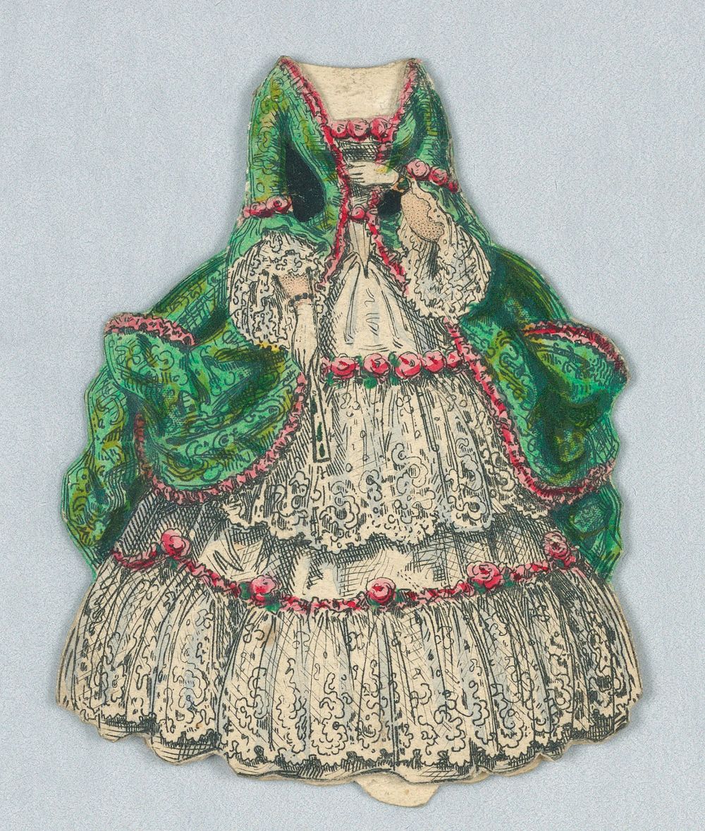 Paper Doll and Costume in Emerald Green and Pink Roses