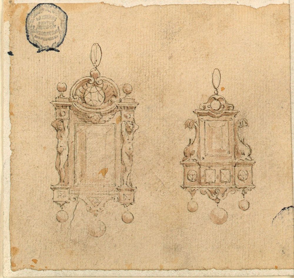 Design for Two Pendants with Caryatides and Dolphins