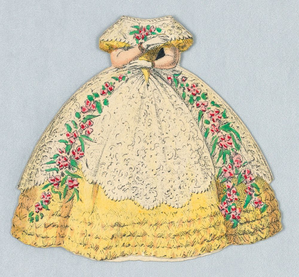 Paper Doll Costume in Yellow with White Lace and Pink Rose Garlands