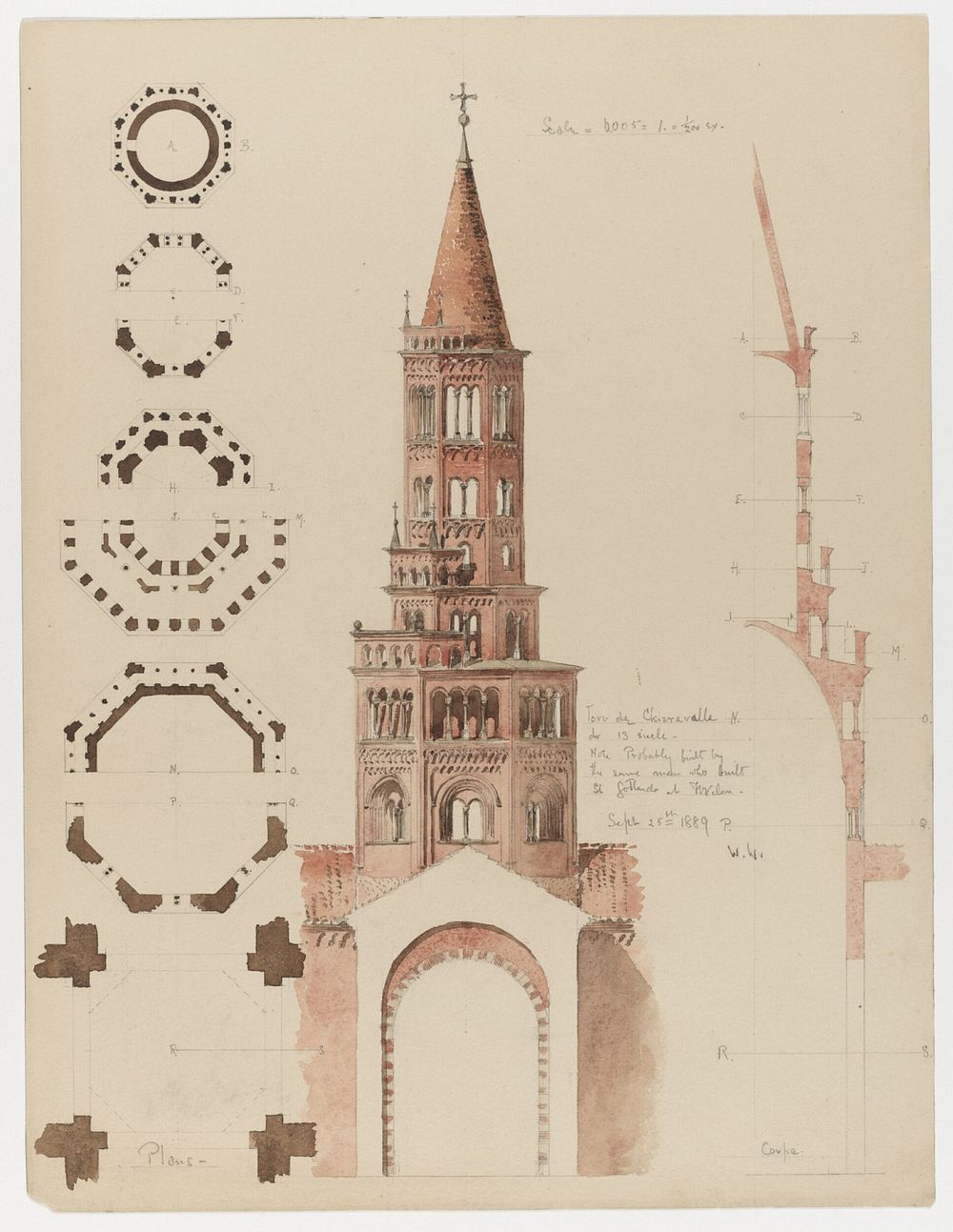 Plans, elevation, and section of the tower in Chiaravalle, Milanese, Italy