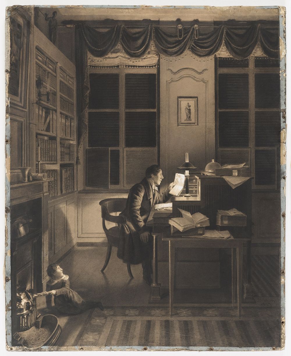 Interior with a Man Reading at His Desk, A. L. Leroy