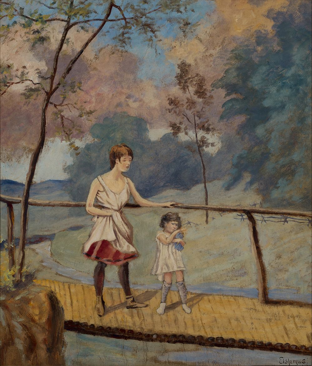 Two Girls on a Log Bridge, Louis Eilshemius