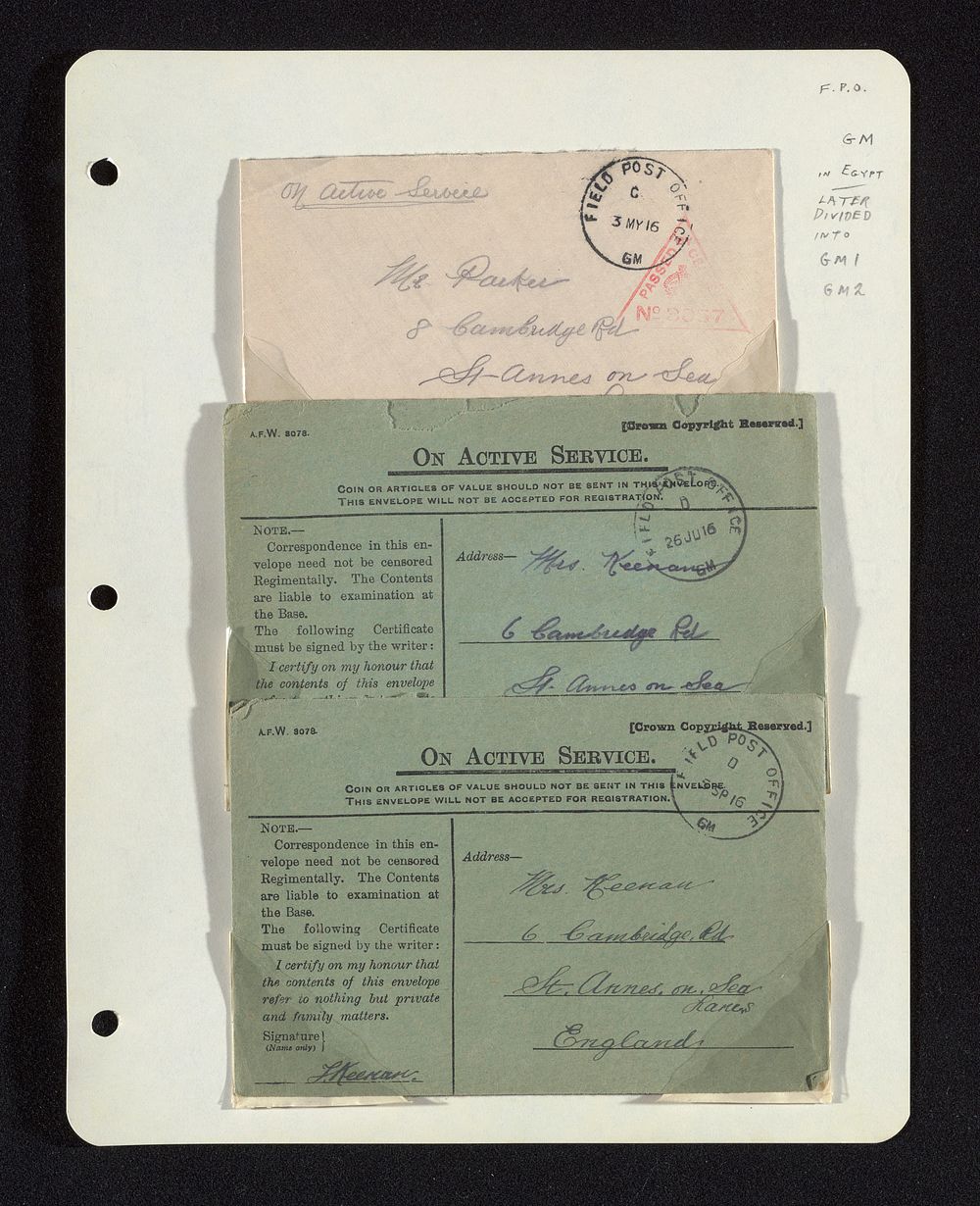 album page with three covers with British Field Post markings on album page