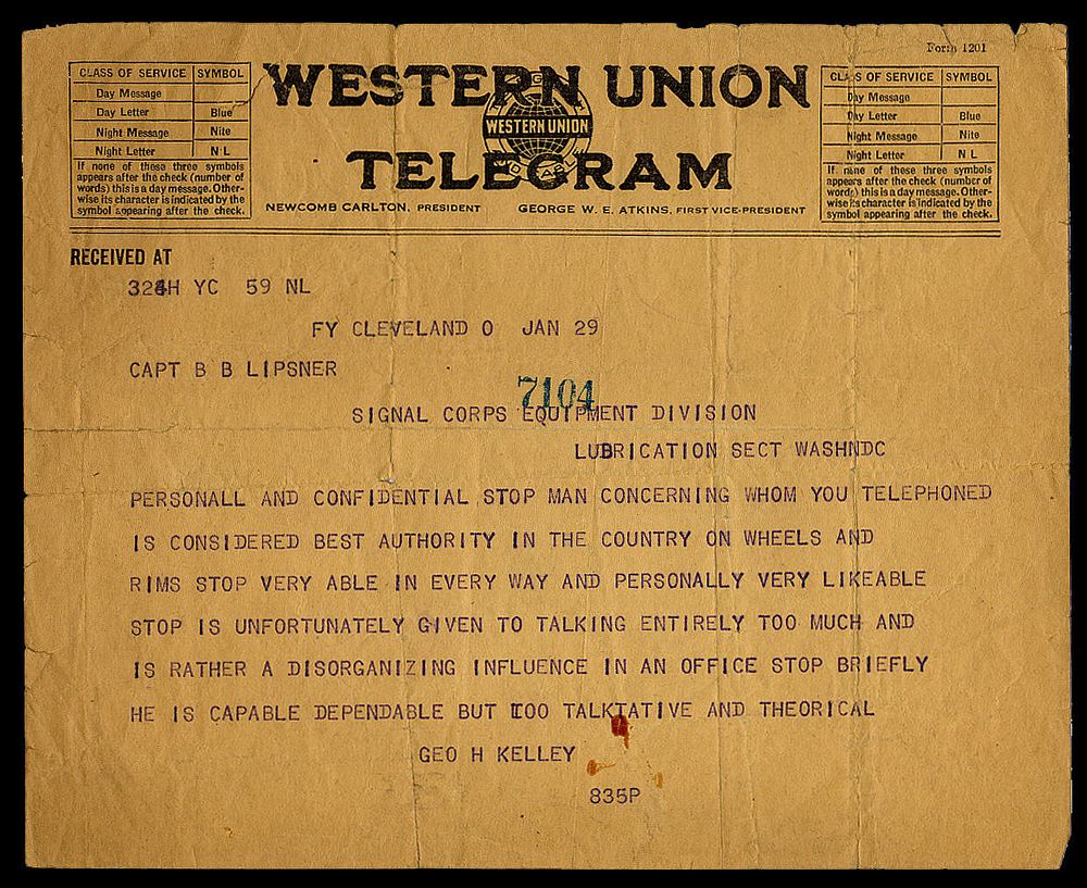 Telegram to Benjamin Lipsner, January 29
