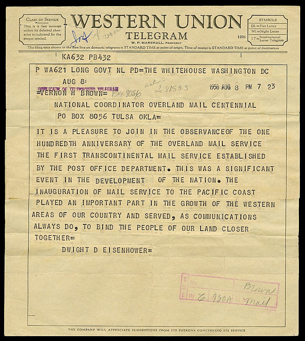 Telegram commemorating the centennial of Butterfield’s overland mail