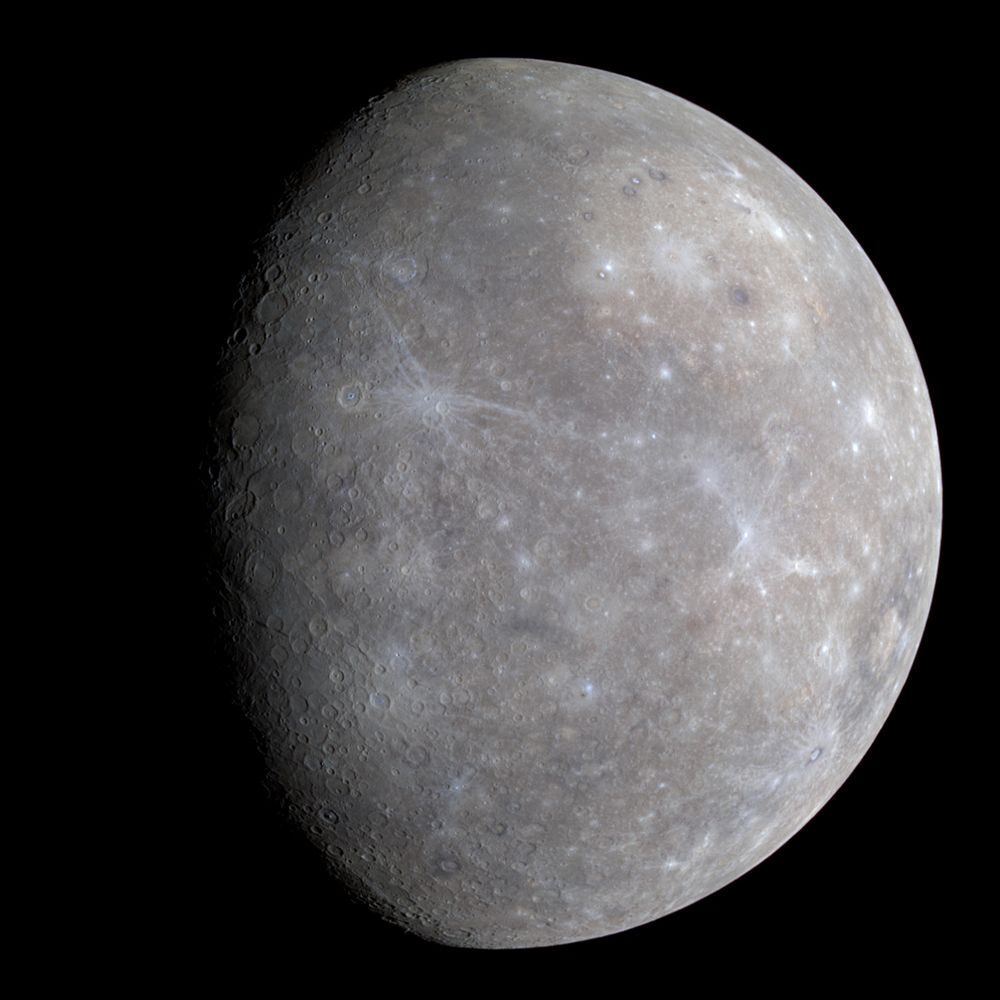 Enhanced-color image of Mercury from first MESSENGER flyby.