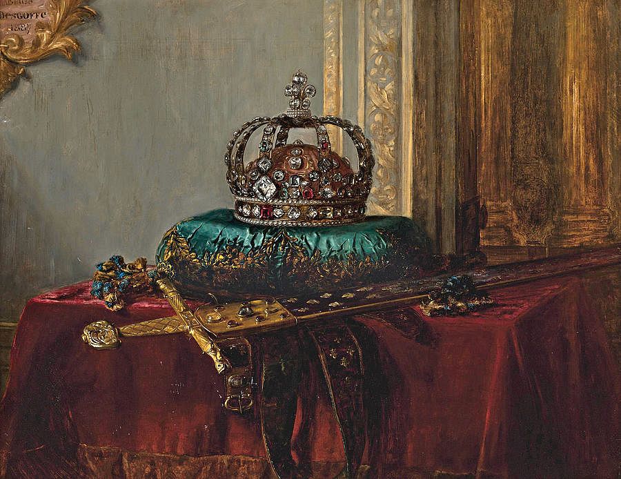 Peinture représentant une partie des regalias du Royaume de France, la couronne de Louis XV et l'épée Joyeuse dit de…
