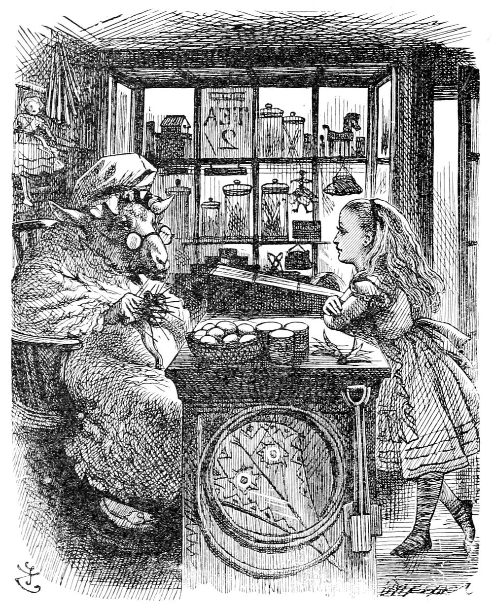 Alice and the Knitting Sheep, characters from Alice's Adventures in Wonderland (1865) by John Tenniel