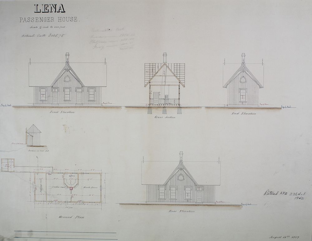 Lena Passenger House, Lena, Illinois, Plan, Elevations, and Sections by James Nocquel (Delineator)