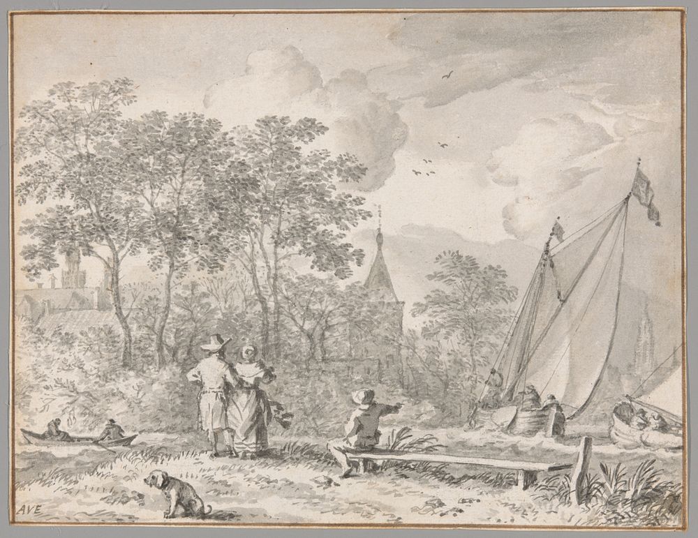 Landscape with Elegant Figures by a River, with Boats to the Right and a Town Behind Trees Beyond by Allart van Everdingen