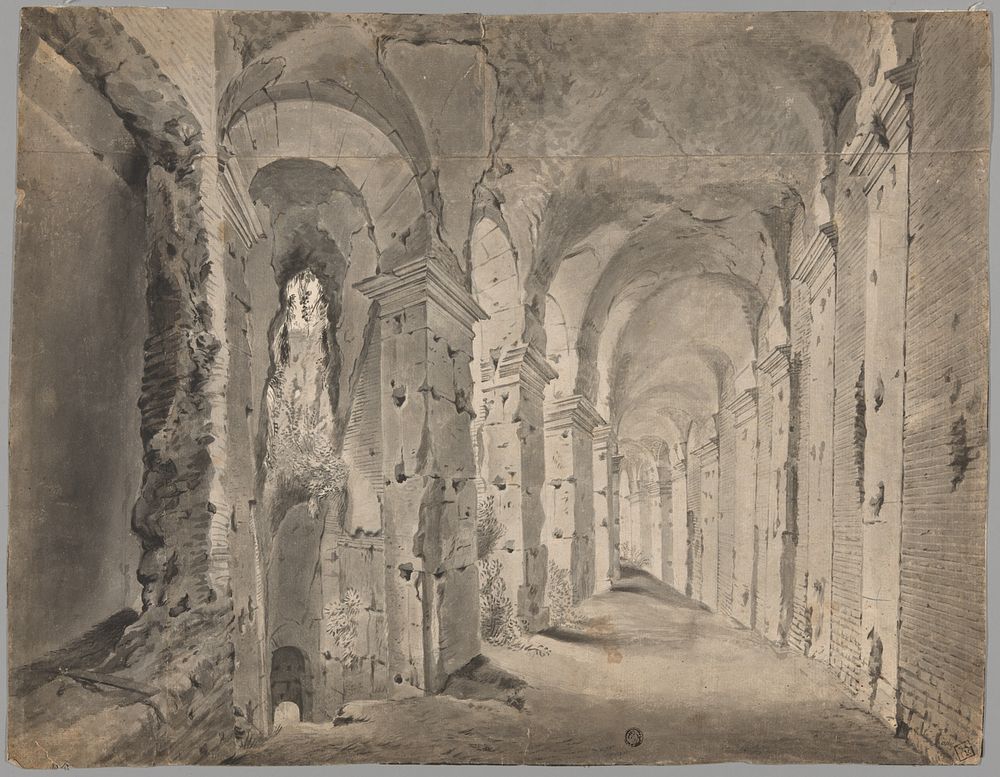 Large Ruined Portico or Corridor (recto); Sketches of a Draped Figure and Architecture (verso) by School of Paul Bril