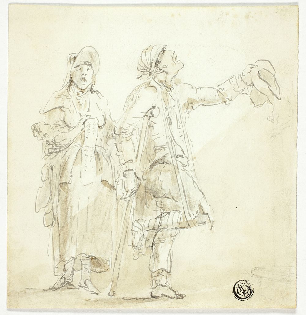 Man on Crutches Begging, with Woman Singing and Holding Baby by Unknown artist