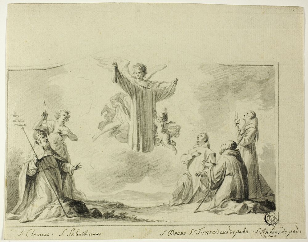 Saints Clement, Sebastian, Bruno, Francis of Paula, Anthony of Padua Worshipping Garment of the Virgin by Crispin de Passe…