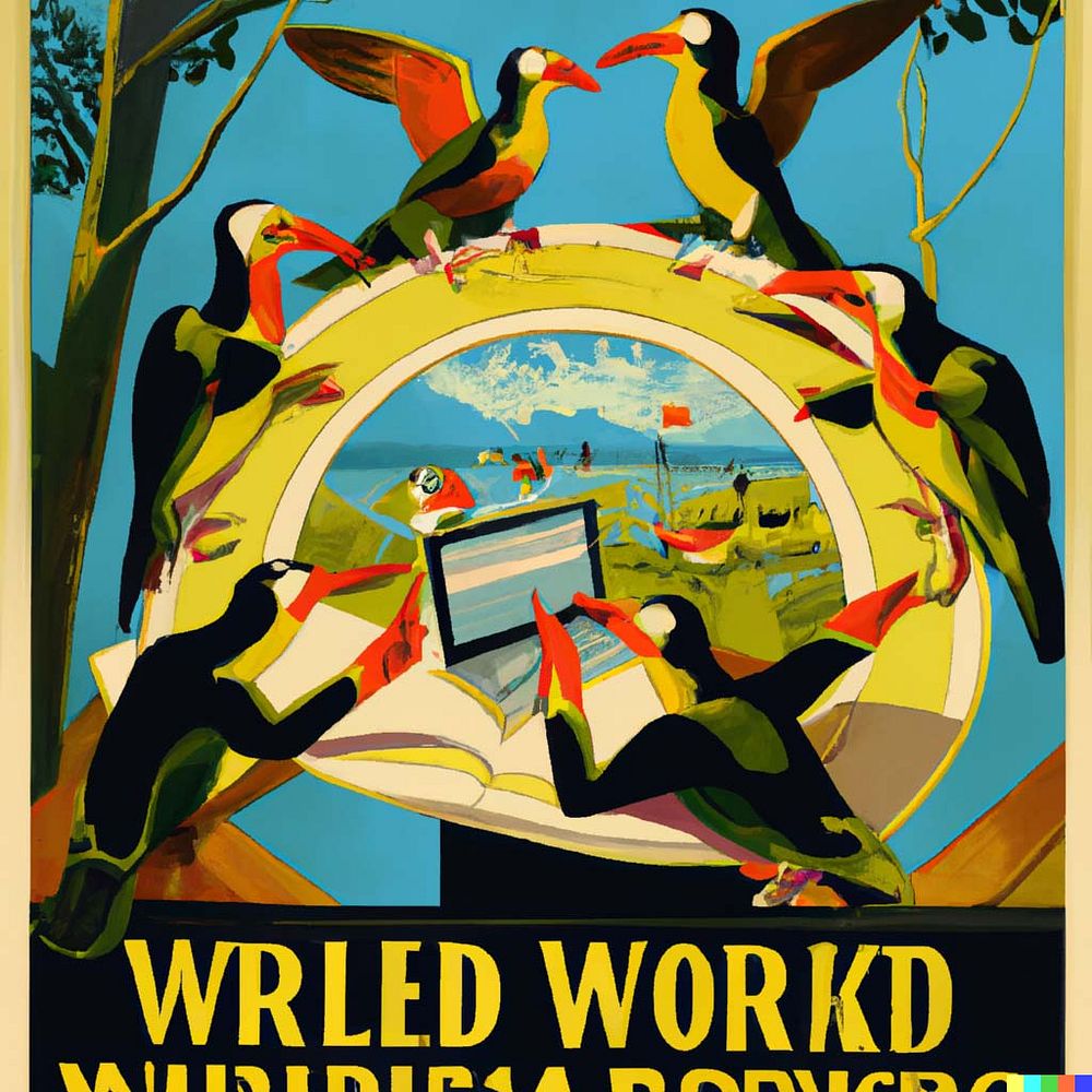 "Colorful WW2 propaganda poster showing birdwatchers editing Wikipedia" as interpreted by DALL-E. This was created for a…