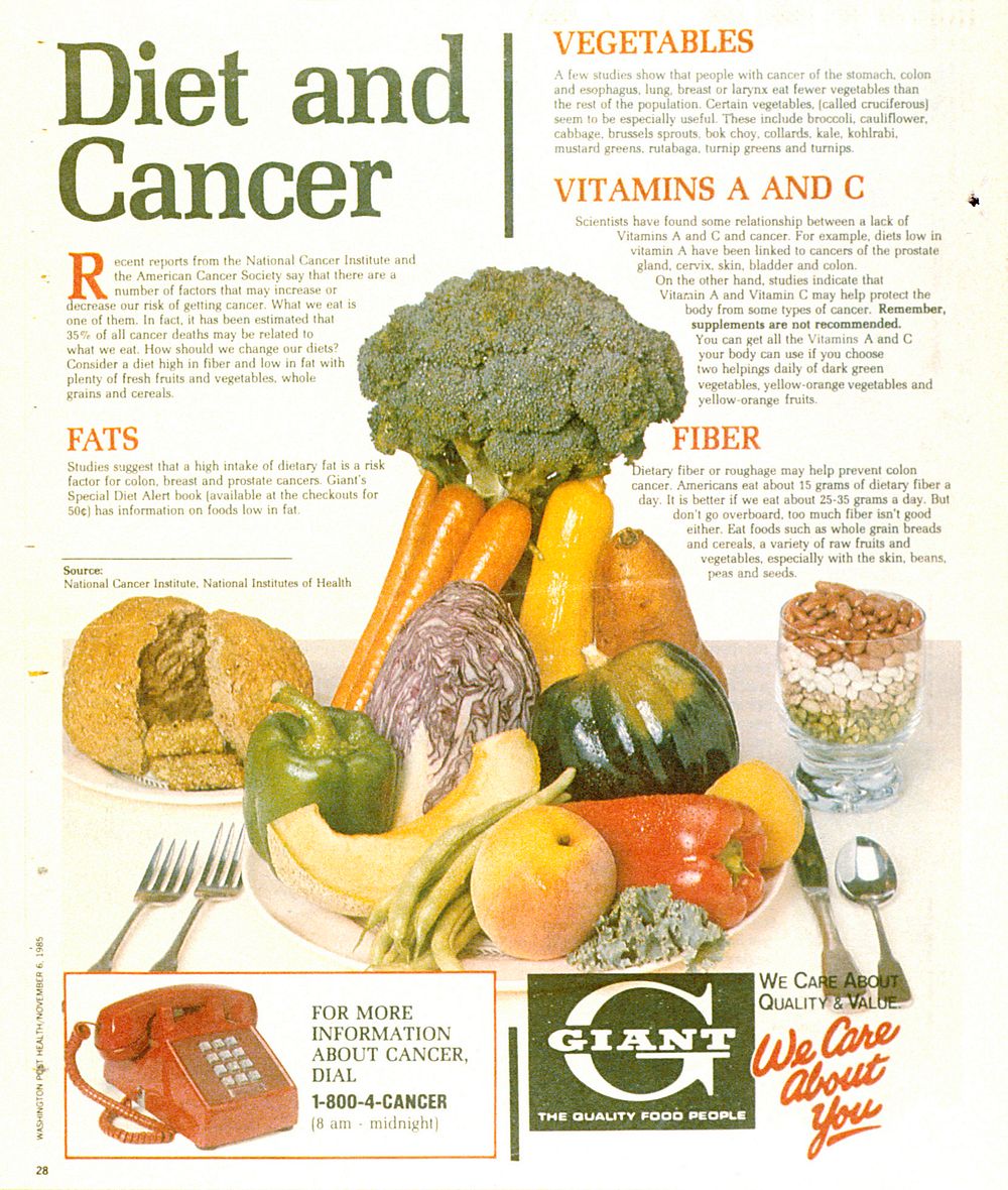 Title Diet and Cancer (Giant) AdDescription An ad from the Washington Post, November 6, 1985. The ad talks about fats…