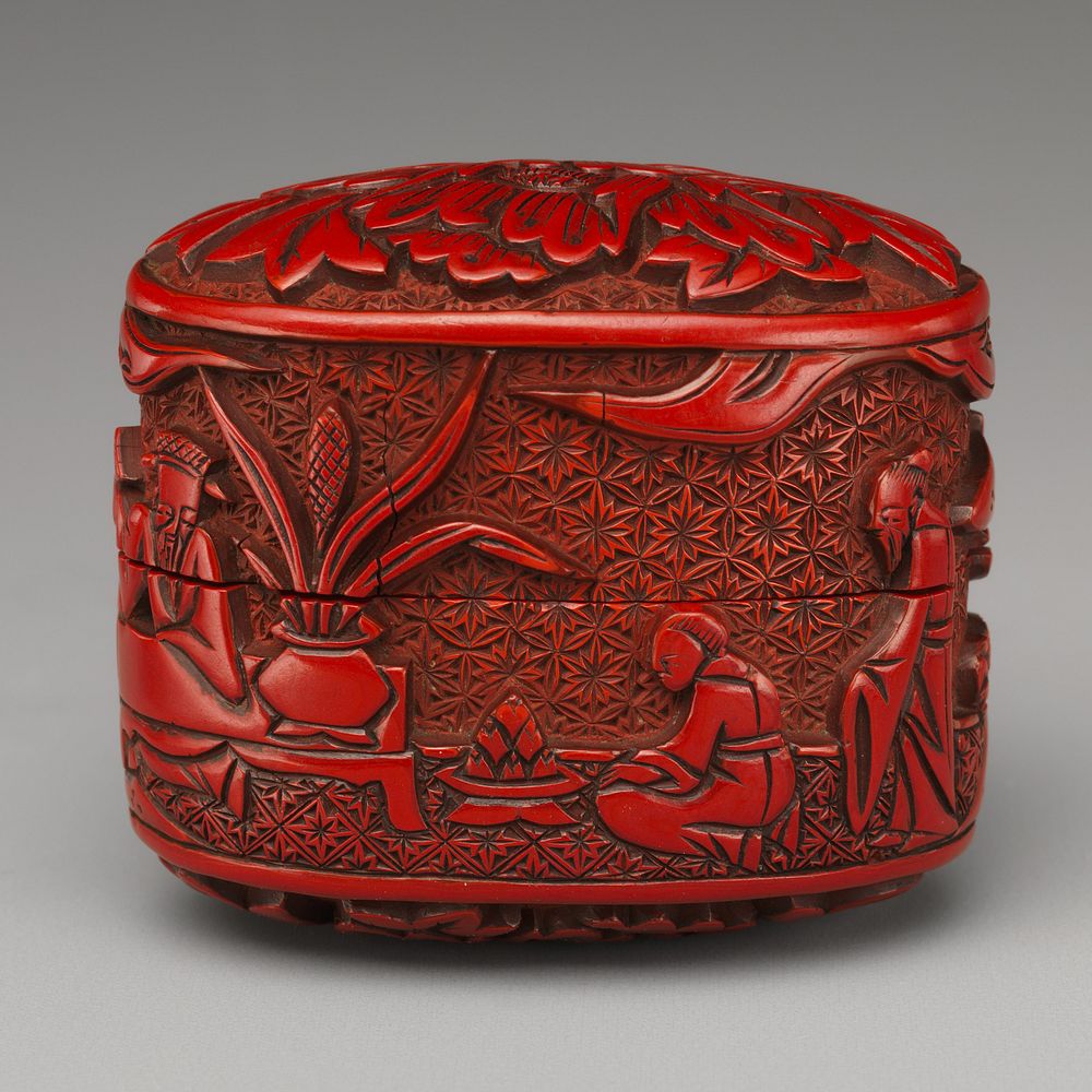 Box with figures in a landscape and peony