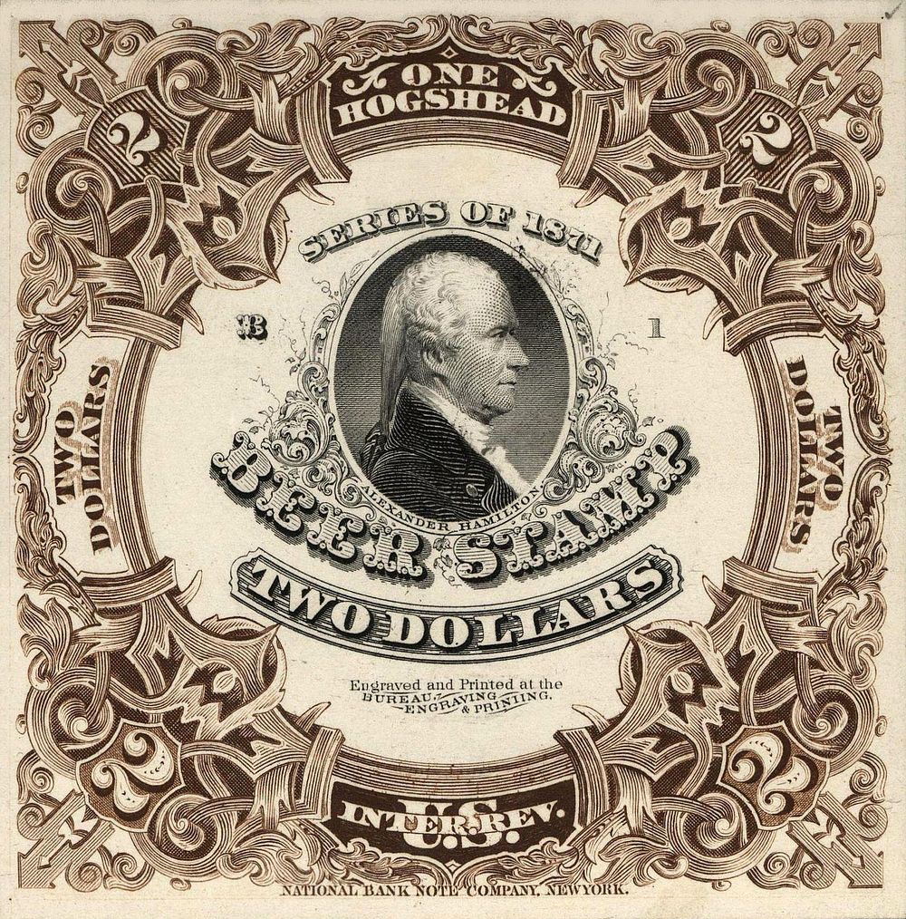 Image of Hamilton U.S. Revenue stamp for beer tax, $2 per Hogshead