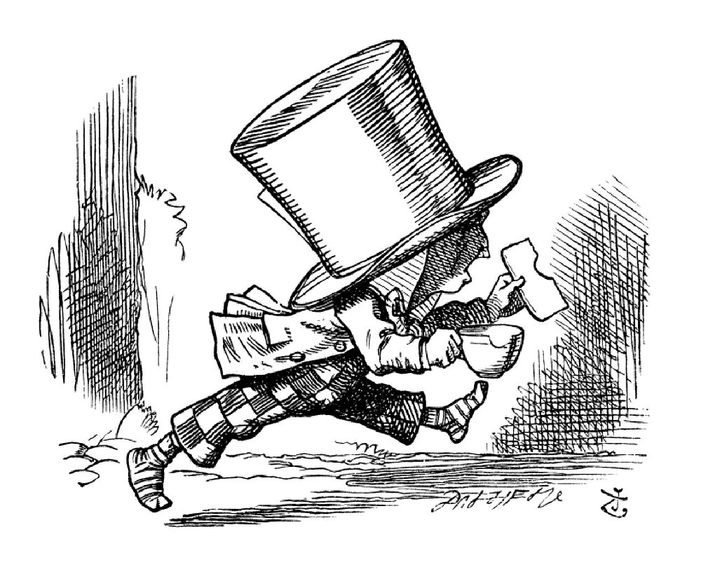 The Mad Hatter, a character from Alice's Adventures in Wonderland (1865) by John Tenniel