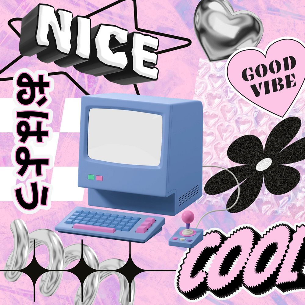 Pink y2k computer, typography collage art