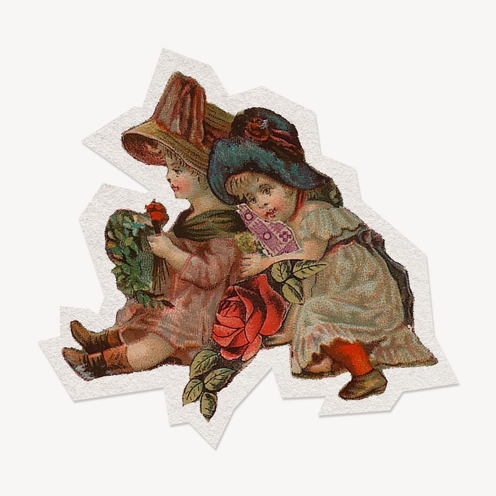 Little Victorian girls paper collage element, remixed by rawpixel.