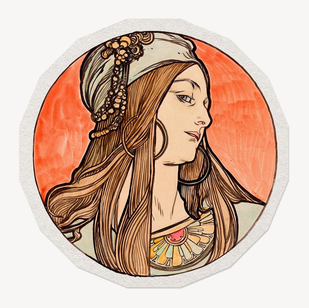 Mucha's Art Nouveau woman paper element with white border , artwork remixed by rawpixel.