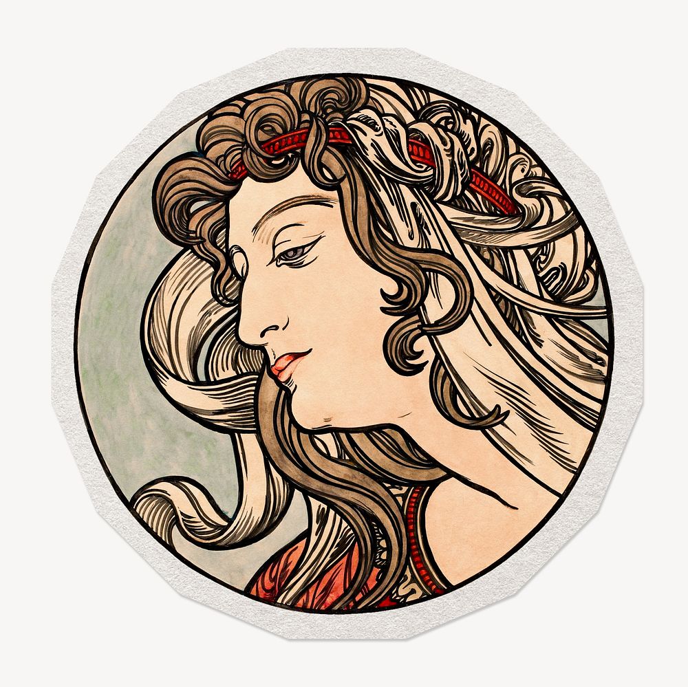 Mucha's Art Nouveau woman paper element with white border , artwork remixed by rawpixel.
