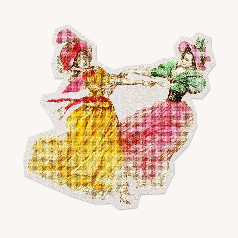 Happy women dancing paper element with white border 