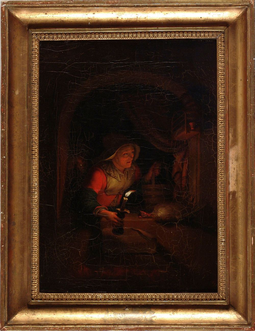 Vanha nainen ja kynttila, kopio godfried schalckenin mukaan, 1806