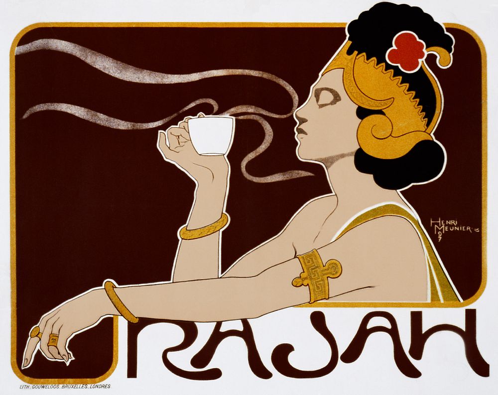 Poster showing woman holding up glass of coffee [Rajah brand] by Henri Meunier.