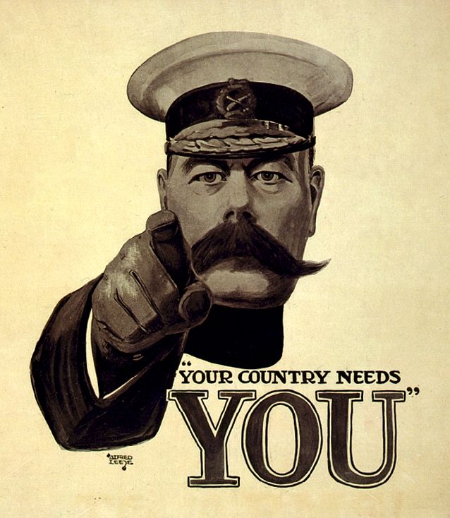 An icon of total war, Lord Kitchener calls upon British citizens to enlist for the First World War by Alfred Leete.