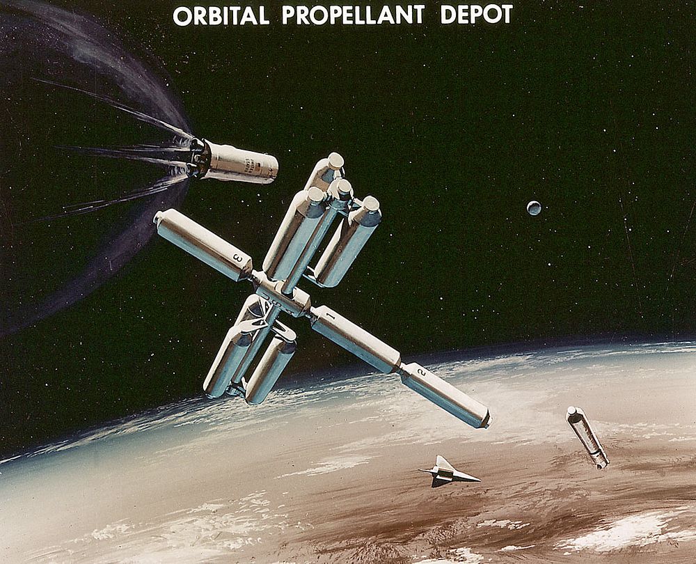 In this artist's concept from 1971, an Earth-to orbit fuel tanker approaches the Orbital Propellant Depot. As envisioned by…