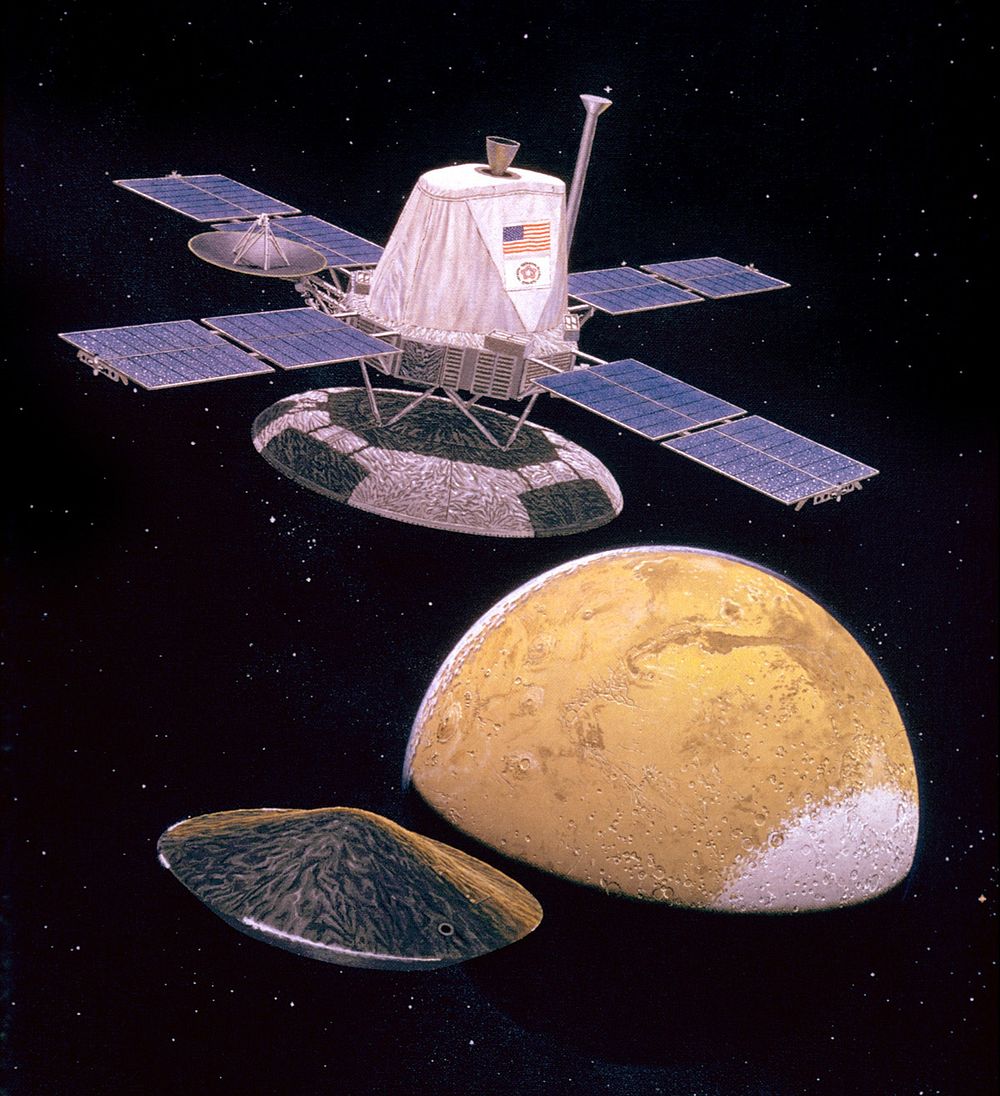 Artist's impression of the Viking Orbiter spacecraft. Artist's description: "The Viking Orbiter spacecraft releases the…