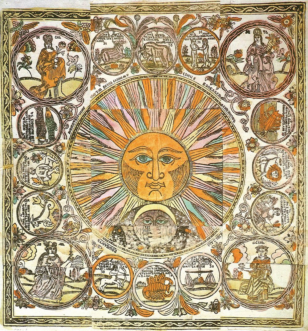 Солнце, Луна, времена года и двенадцать месяцев в виде знаков Зодиака. Лубок. Конец XVII -начало XVIII в.