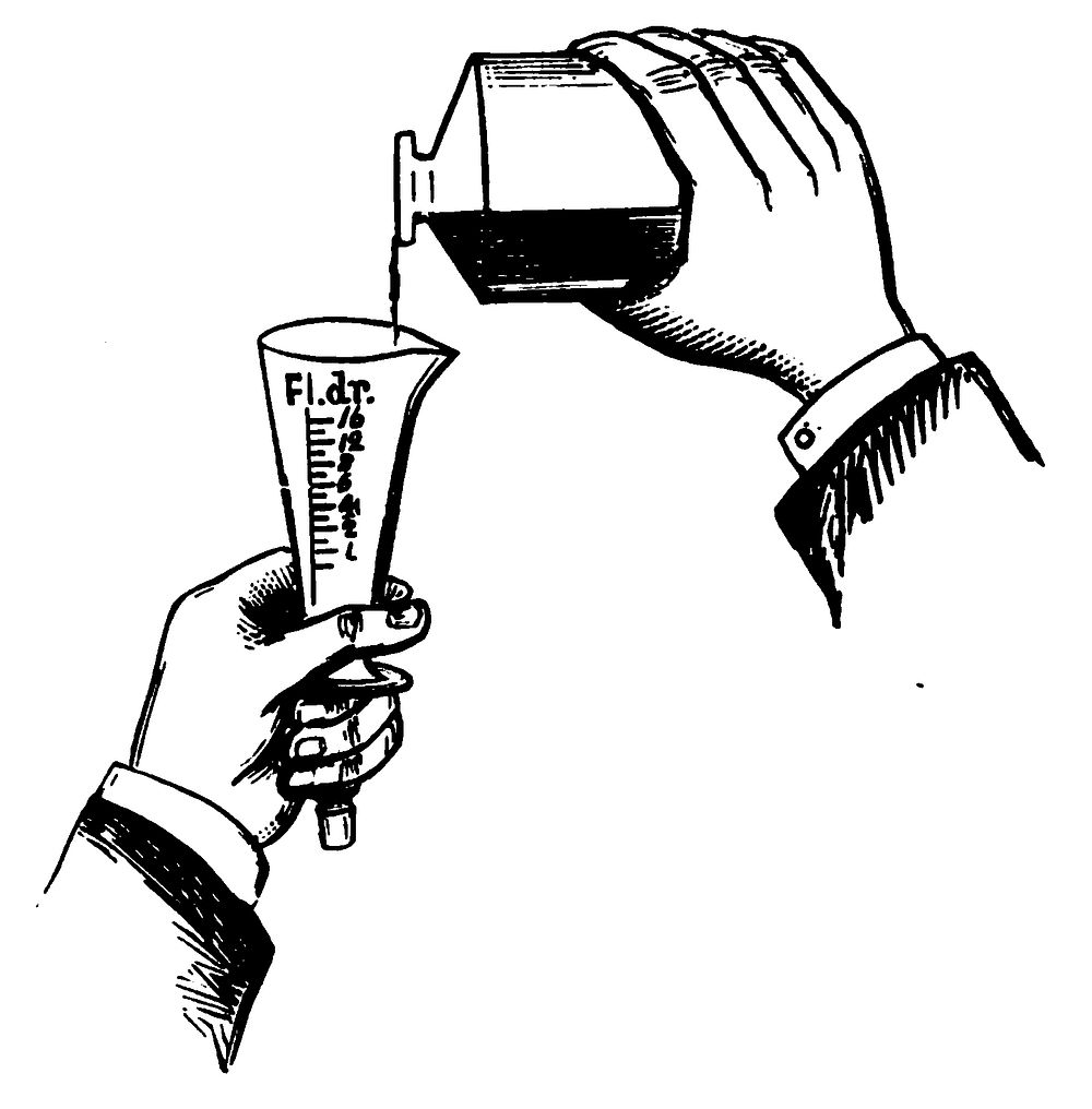  A diagram illustrating how to measure medicine accurately from 1926, using a graduated cylinder with fluid drams as the…