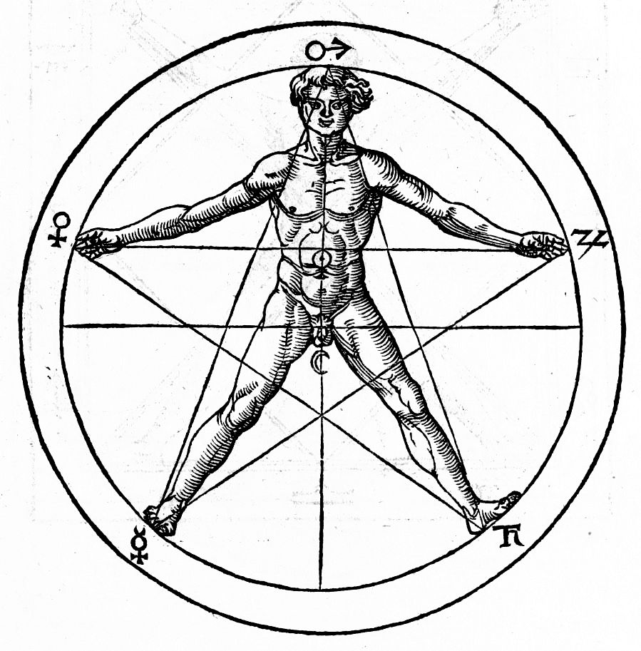 Image of a human body in a pentagram from Heinrich Cornelius Agrippa's Libri tres de occulta philosophia. Symbols of the sun…