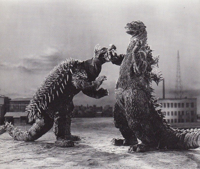 Promotional image from Godzilla Raids Again. Anguirus left, Godzilla right.