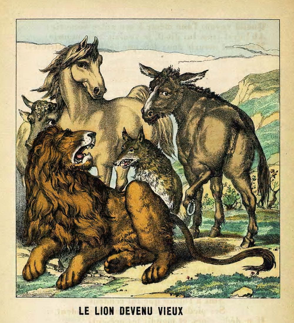 An illustration to La Fontaine's fable "The Lion Grown Old" by Charles Pinot (1860)