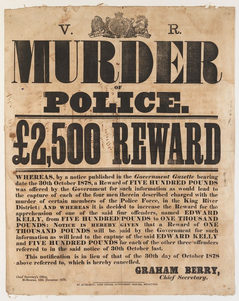 Wanted poster for up to £2,500 reward for the information leading to the capture of Ned (Edward) Kelly or one of four…