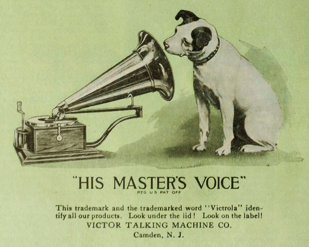 An advertisement using the His Master's Voice trademark in an 1920 magazine.