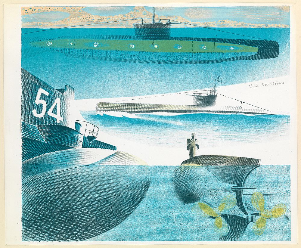 Work by Eric Ravilious. Museum title: The Submarine Series. Submarine submerged -Lithograph PU8088[3] Signed by artist