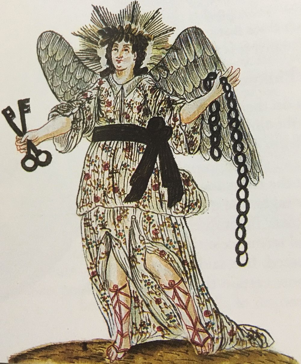 Angel Bearing the Keys to the Mysteries, illustration in Albumazar(?) or Herpentilo Pareja, Albamasia sive [magia] naturalis…