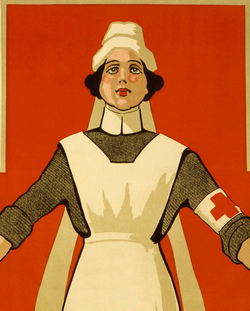 A WWI poster showing a nurse, with her arms outstretched, standing before a large red cross; in background a Red Cross…