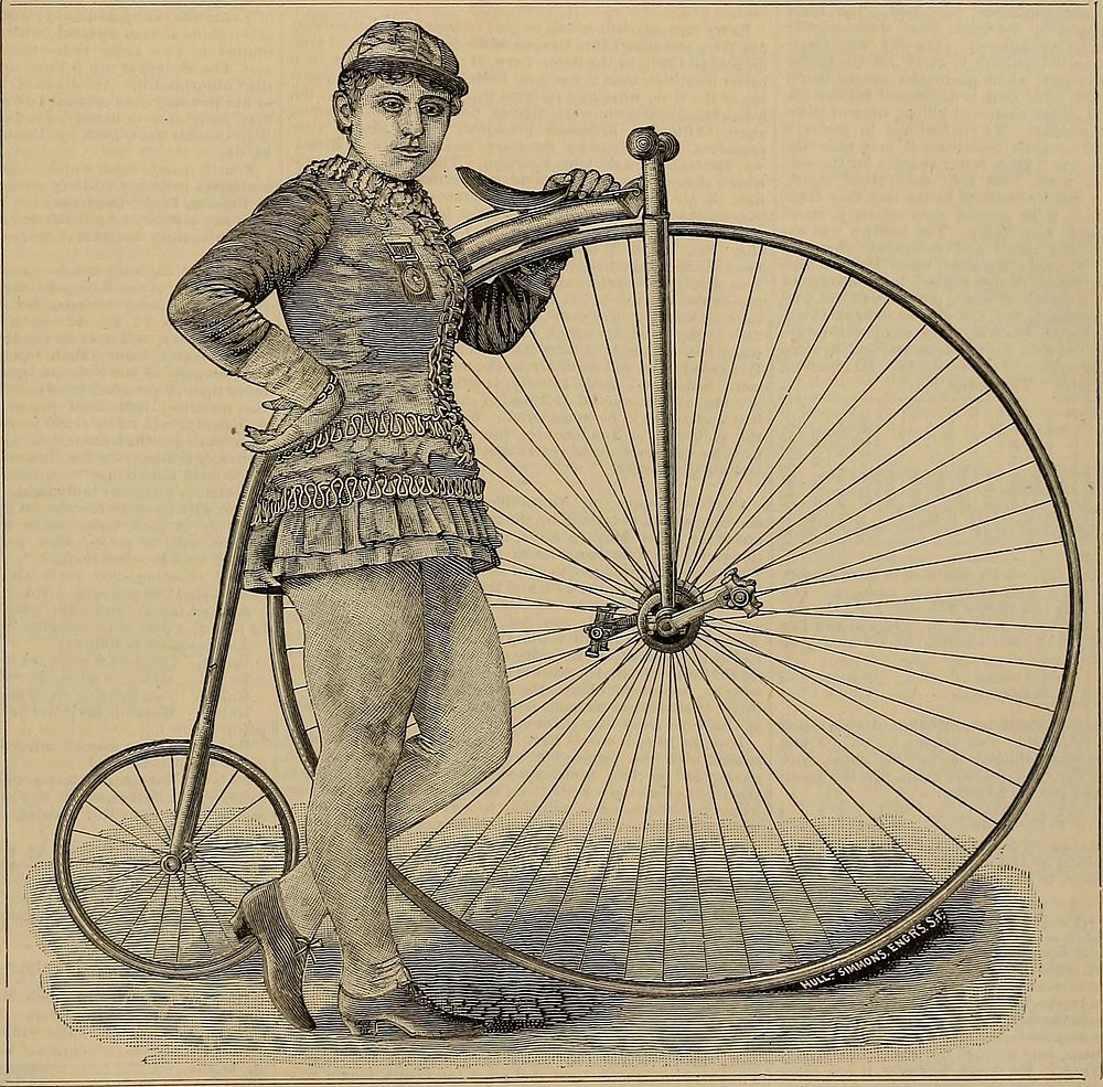 Newspaper illustration of Canadian cycling champion Louise Armaindo, with her bicycle, c. 1882