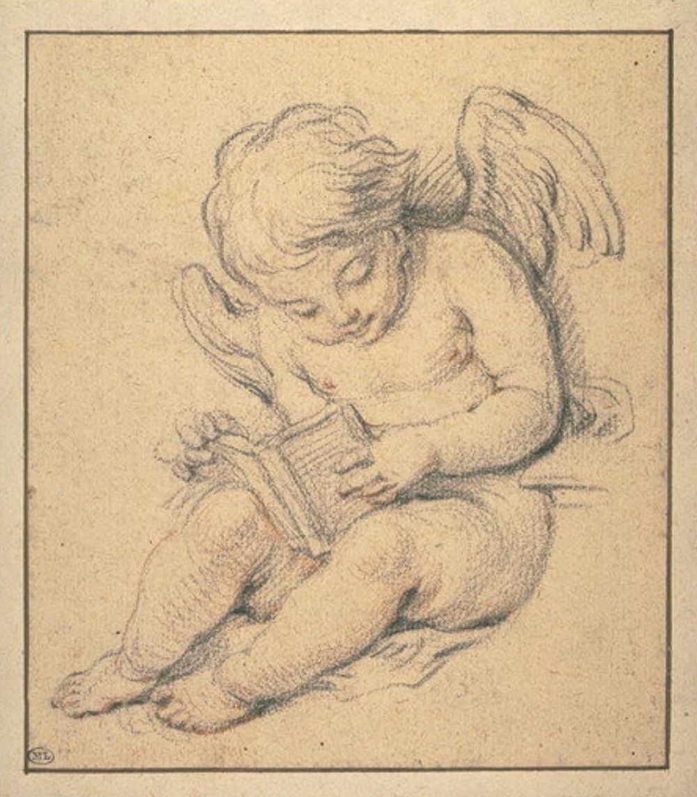 Charles-Antoine Coypel (Attr.) - A seated angel reading a book placed on his lap