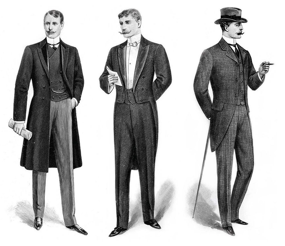 Indumentaria masculina del siglo XIX: de izquierda a derecha, levita, frac y chaqué. Ilustración de la revista The Tailor…