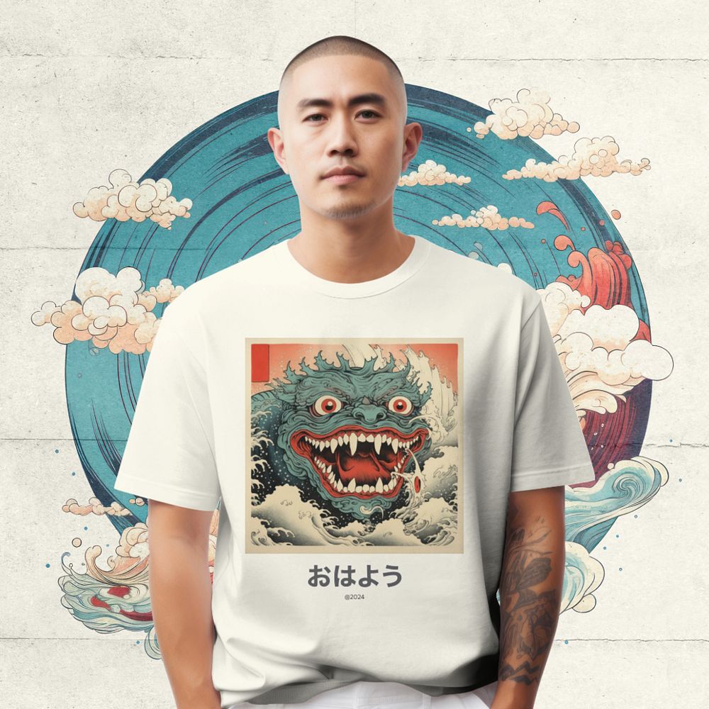 Tattooed man in cool Japanese t-shirt