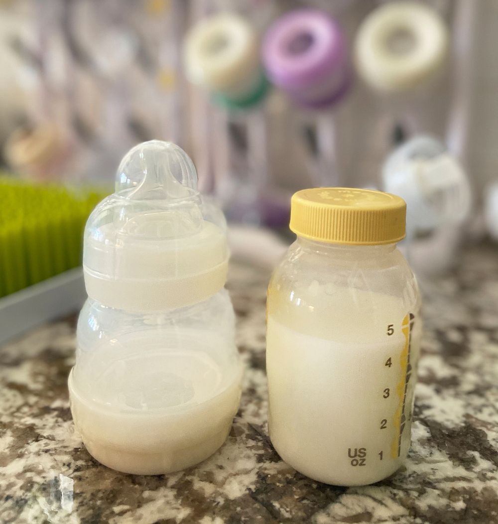 Pumped breastmilk and baby bottle