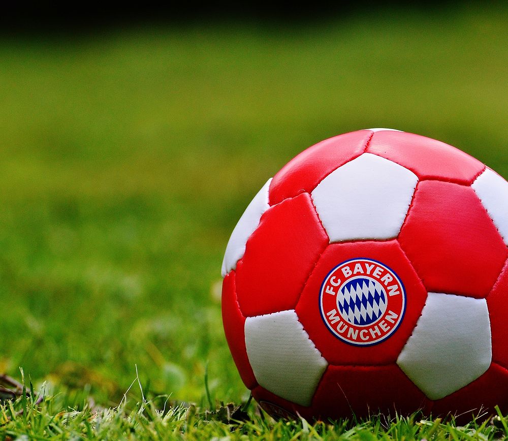 Closeup of FC Bayern M&uuml;nchen football on grass, location unknown, 19 April 2016. View public domain image source here
